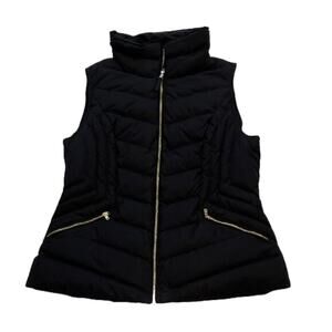 Talbots Black Quilted Down Filled Puffer Vest Gold Zipper, Pockets, Size MP